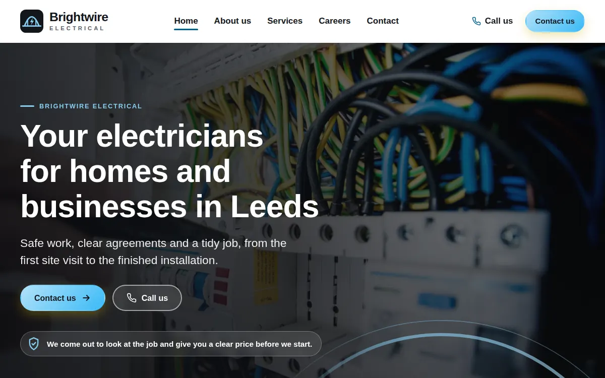 The home page of Brightwire Electrical on a computer, a fictional electrician