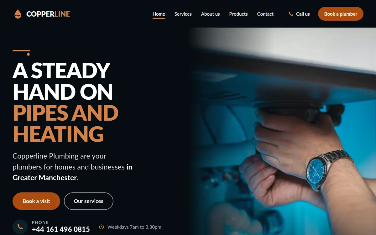 The home page of Copperline Plumbing on a computer, a fictional plumber
