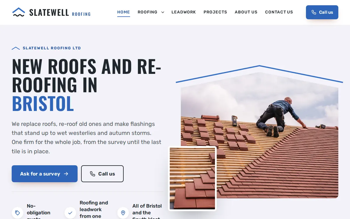 The home page of Slatewell Roofing on a computer, a fictional roofing firm