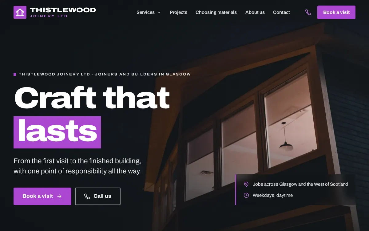 The home page of Thistlewood Joinery on a computer, a fictional joinery firm